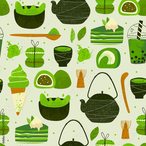 Various matcha tea products. Japanese food. Matcha powder, mochi, macarons, bubble tea, ice cream, pie, tea pot, bamboo spoon. Hand drawn vector seamless pattern. Colored trendy illustration