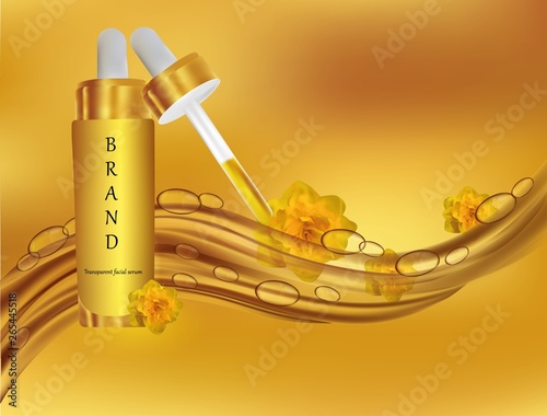 Transparent facial serum,Cosmetic products with oil vitamins.Beautiful cosmetics.Promotional poster. 3D realistics cosmetics. Vector illustration. Essential oil.