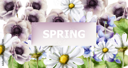 Spring flowers bouquet card Vector watercolor. Spring season background. Vint...