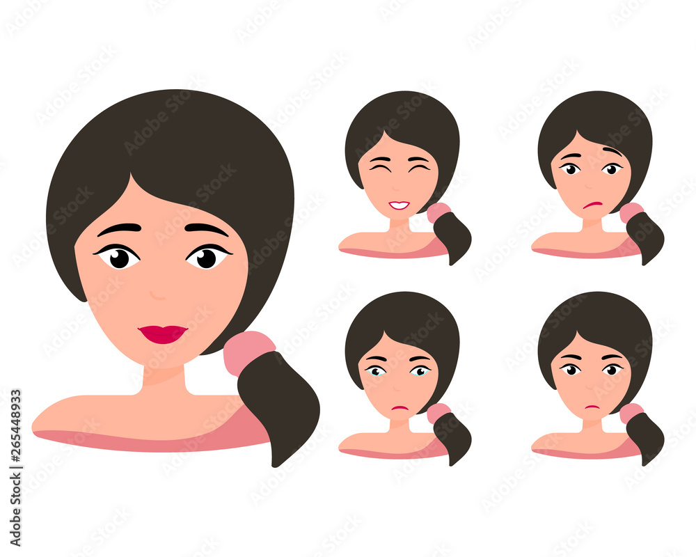 Female young character face set with different emotion. Brunette girl with happy, angry, unhappy, laughing, scared, wow, fun emotions. Vector Illustration Female young character face set with different emotion. Brunette girl with happy, angry, unhappy, laughing, scared, wow, fun emotions. Vector Illustration