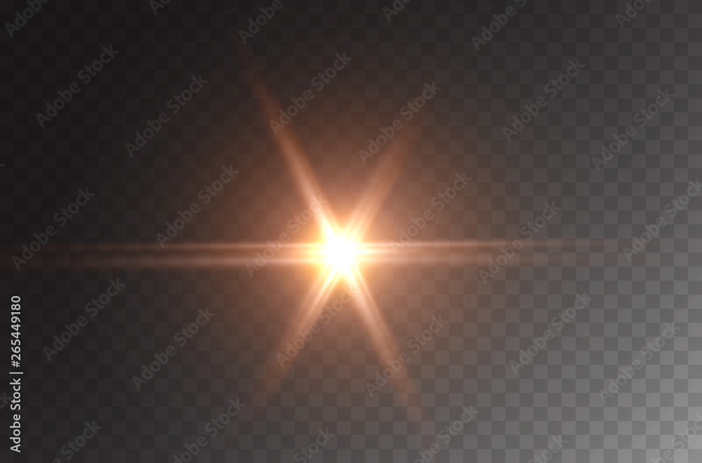 Star burst effect. Realistic yellow flare beam, spotlight isolated on transparent background. Vector bright spot light, glowing projector, car headlight or golden flash star. - obrazy, fototapety, plakaty 