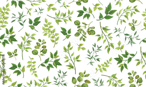 Beautiful pattern seamless of different tree  natural branches  green leaves  herbs  hand drawn watercolor style fresh rustic eco. Vector decorative cute elegant illustration isolated white background