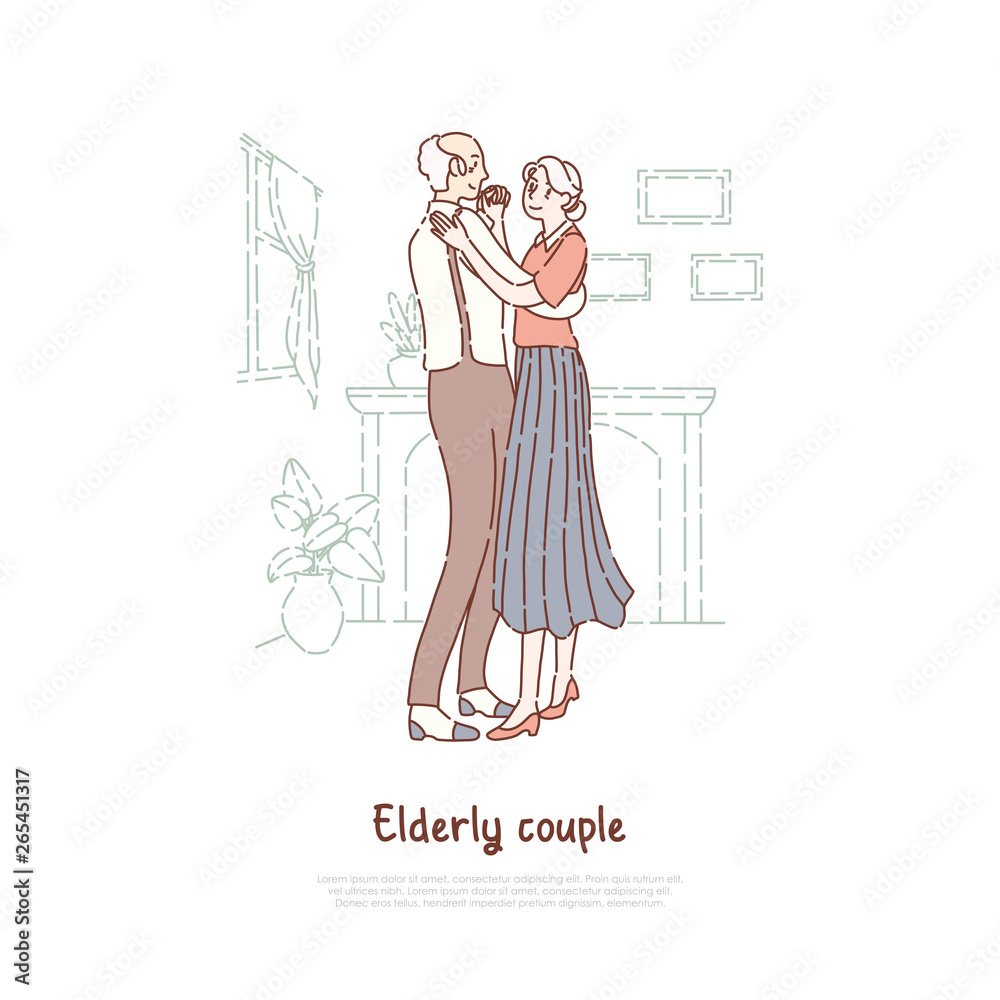 Obraz premium Married elderly couple, old husband and wife waltzing, positive lifestyle, happy retirement, nursing home banner