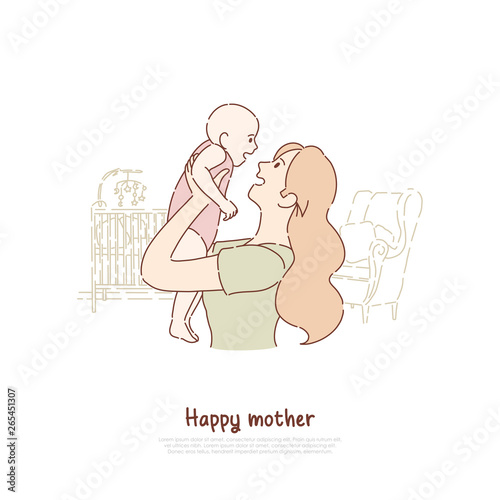 Happy mother holding newborn child, cheerful lady playing with toddler, female happiness, babysitting, parenting banner