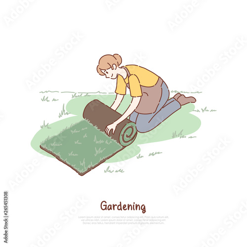 Female gardener in apron, young woman with fresh green roll, lawn installation, landscaping, gardening banner