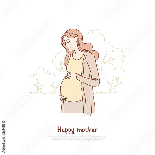 Happy pregnant, expectant woman, smiling lady awaiting baby, feminine happiness, new life, childbirth, pregnancy banner