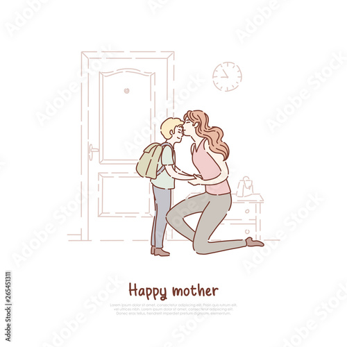 Young woman kiss little child, parent send off kid with backpack to school, family love, childcare, motherhood, parenting banner