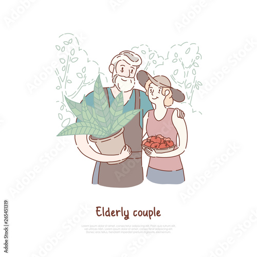 Happy old people, gardeners pair planting fruits and vegetables, woman holding fresh apples, rural lifestyle, husbandry banner
