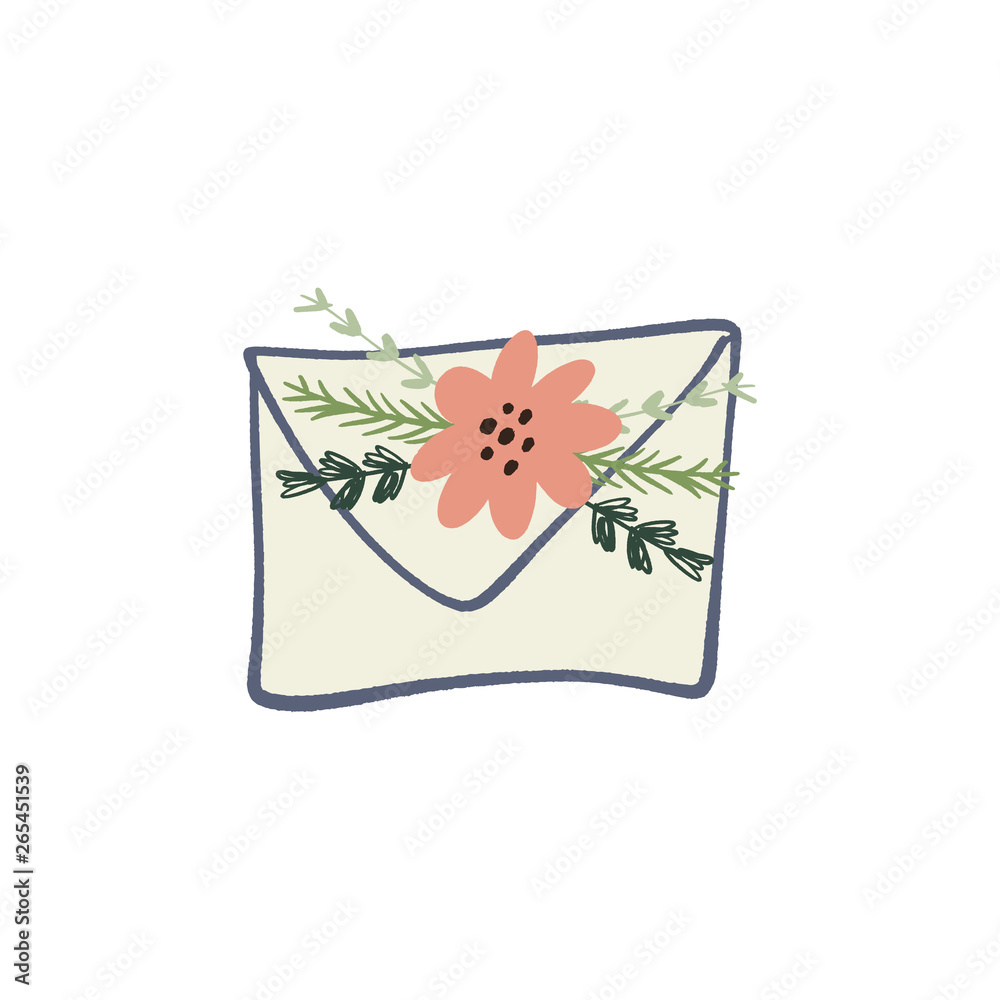Fototapeta premium Envelope letter with floral elements symbols, spring or summer greeting card