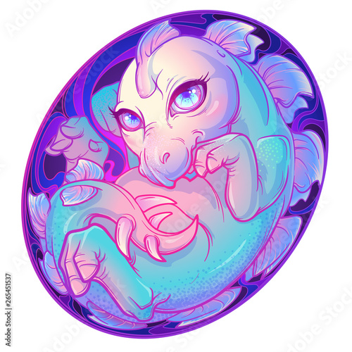 What was first a Dinosaur or an egg. Baby Stegosaurus in the egg. Cute animal drawing. Sketch style illustration. Design for sticker, greeting card or textile print. EPS10 vector illustration