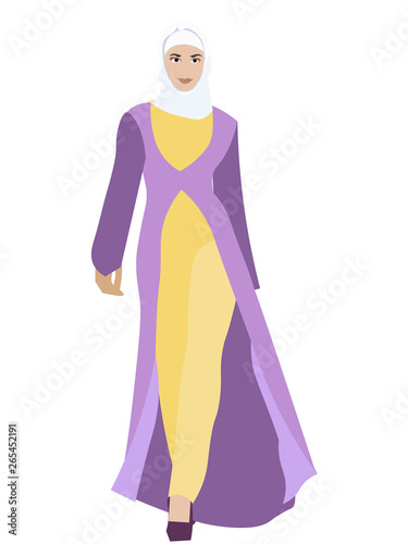 Muslim woman in folk clothes. Islamic religion, fashion abaya. In minimalist style. Cartoon flat Vector