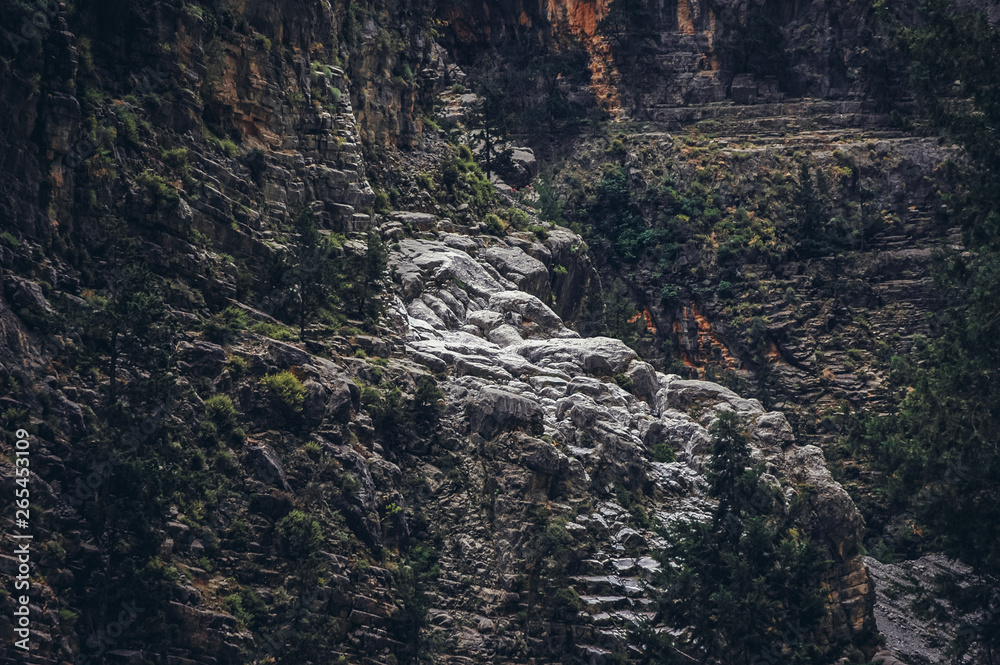 Rock wall of Samaria Gorge National Park of Greece on Crete island