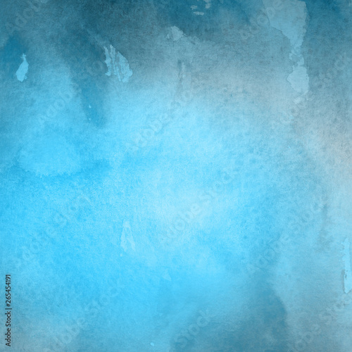 Colorful winter blue ink and watercolor textures on white paper background. Paint leaks and ombre effects. Hand painted abstract image. Deep sea.