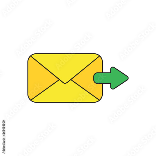 Vector icon concept of send message or email with envelope and arrow moving right. Black outlines and colored.