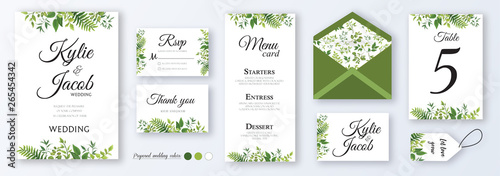 Wedding invite, menu, rsvp, thank you, label, save the date card, table number, envelope. Design with natural branches, green leaves, herbs. Vector cute rustic delicate chic layout