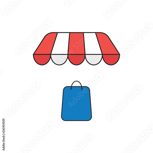 Vector icon concept of shopping bag under shop store. Black outlines and colored.