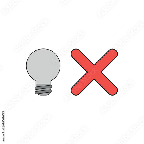 Vector icon concept of light bulb with x mark. Black outlines and colored.