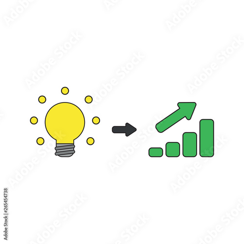 Vector icon concept of glowing light bulb idea with sales bar chart moving up. Black outlines and colored.