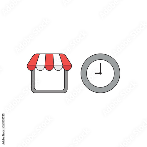 Vector icon concept of store with clock. Black outlines and colored.