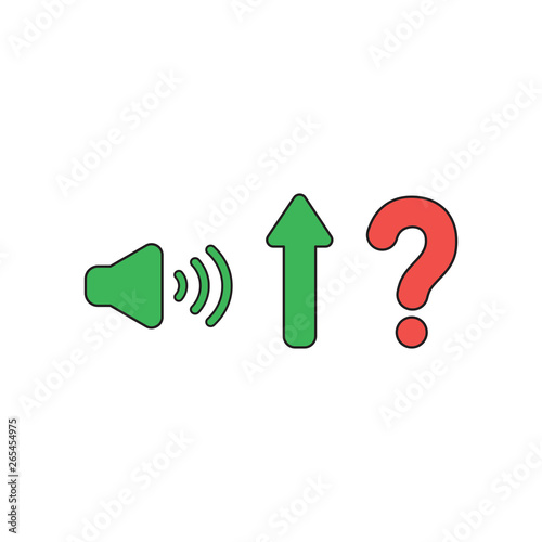 Vector icon concept of high speaker sound, loud voice, arrow moving up and question mark. Black outlines and colored.