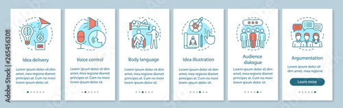 Public speaking skills onboarding mobile app page screen with linear concepts