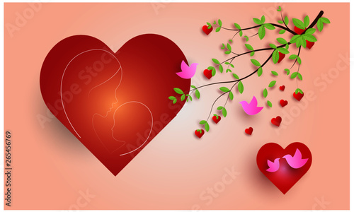 Happy mother's day. mother holding child with heart and couple birds. nature background