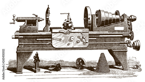 Antique engine lathe in side view, after engraving from 19th century