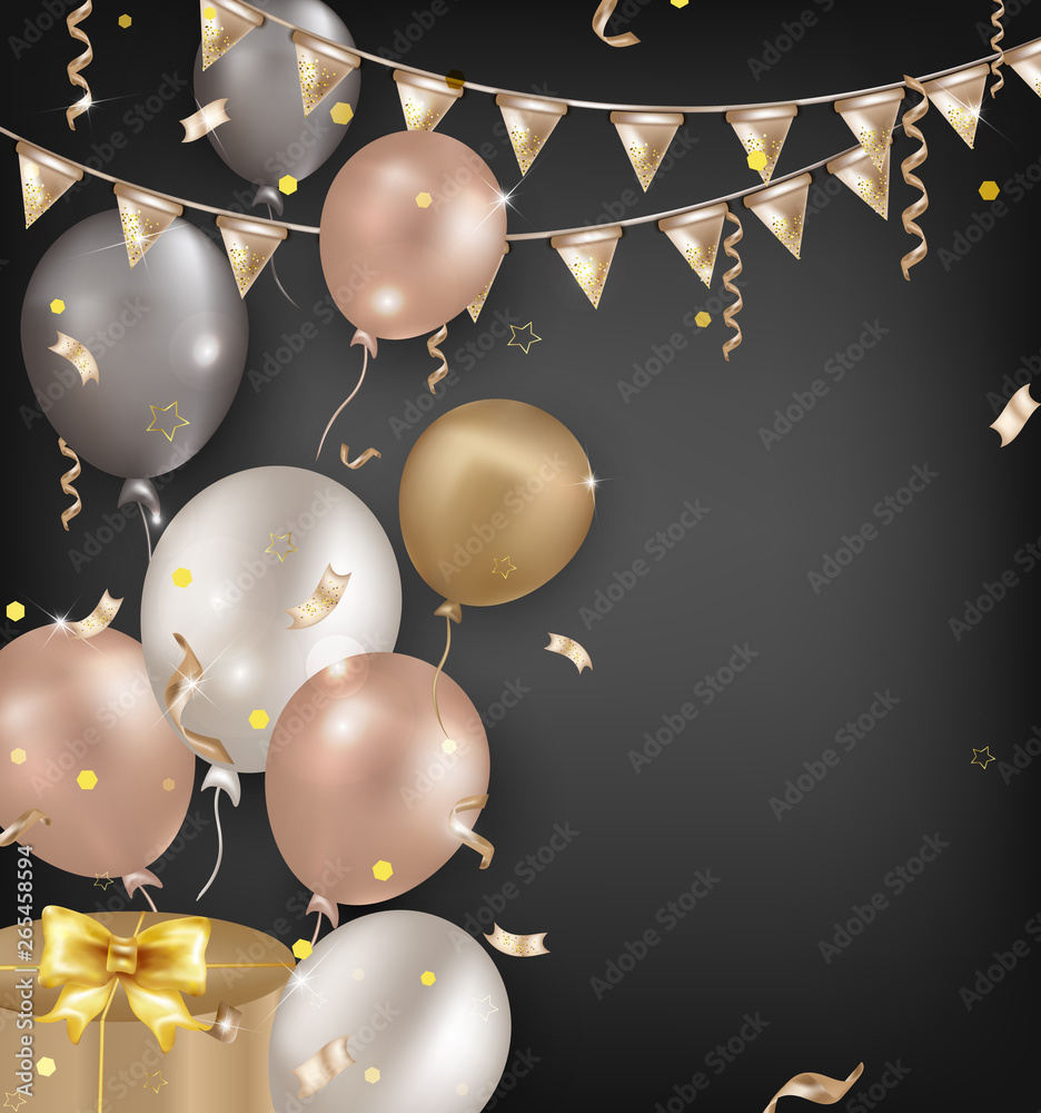 Happy Birthday background. Balloons with gift confetti, sparkles,  serpentine on the black background. Vector illustrations. Stock Vector |  Adobe Stock