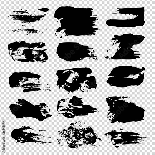 Abstract black ink textured brush strokes set on imitation transparent background