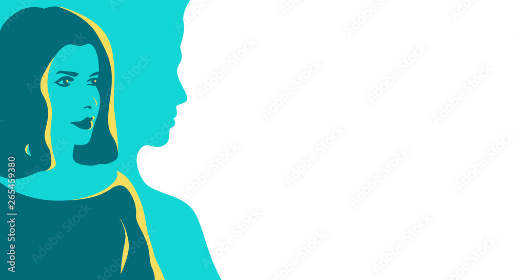 Woman. Silhouette of human. Stylized retro style. Pop art people. Side view in profile. Colorful template. Simple realistic minimal design. Female character. Flat style vector illustration. Woman. Silhouette of human. Stylized retro style. Pop art people. Side view in profile. Colorful template. Simple realistic minimal design. Female character. Flat style vector illustration.