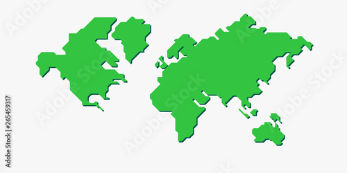 World map isolated. Low poly stylized map. Simple cartoon design. Simplified minimal style. Green color. Flat style vector illustration.