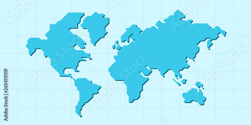 World map isolated. Low poly stylized map. Simple cartoon design. Simplified minimal style. Blue color. Flat style vector illustration.