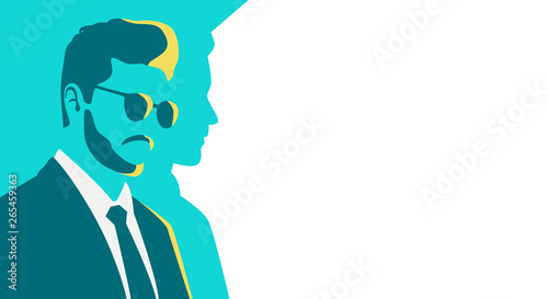 Man in a suit. Silhouette of human. Stylized retro style. Pop art people. Side view in profile. Colorful template. Simple realistic minimal design. Flat style vector illustration.