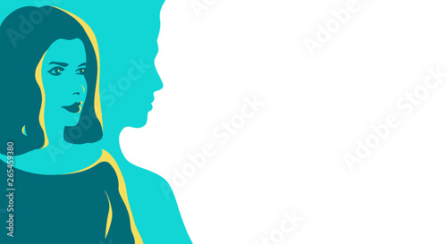 Woman. Silhouette of human. Stylized retro style. Pop art people. Side view in profile. Colorful template. Simple realistic minimal design. Female character. Flat style vector illustration.