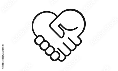 Handshake heart icon isolated on a white background. Simple modern design. Heart symbol, hands. Logo on business, cooperate, teamwork or partnership topics. Flat style vector illustration.
