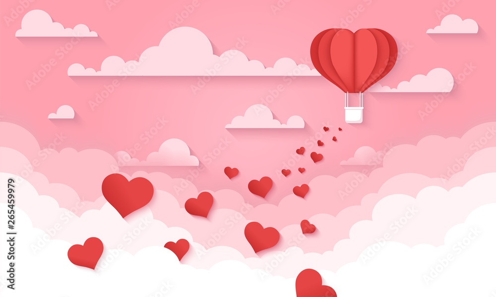 Red heart hot air balloon flying. Love background. Valentine's day. Holiday card. Aerostat in the sky with clouds. Cute paper cut design. Beautiful romantic origami. Flat style vector illustration.