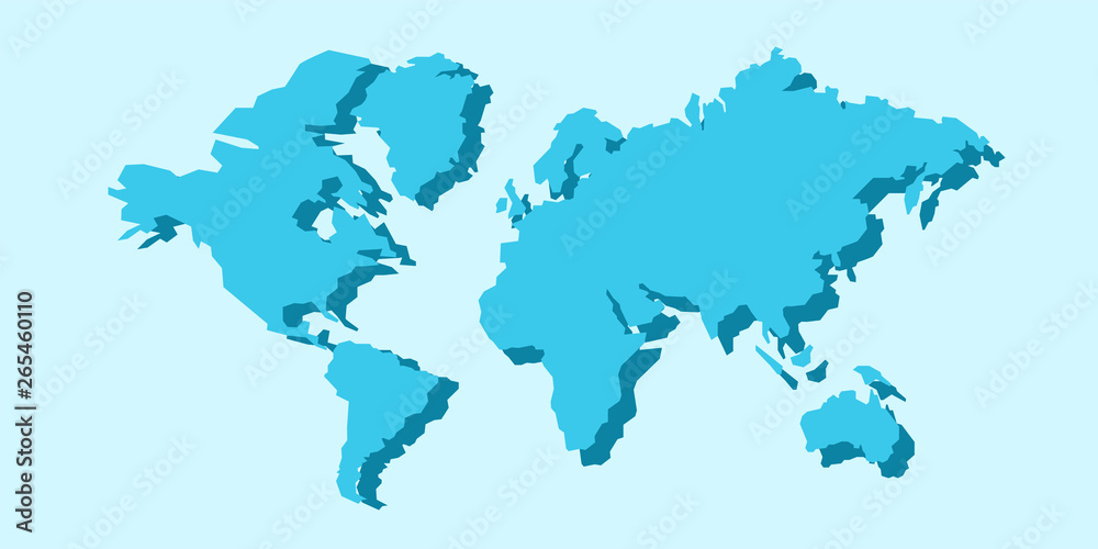 World map isolated. Low poly stylized map. Simple cartoon design. Simplified minimal style. Blue color. Flat style vector illustration.