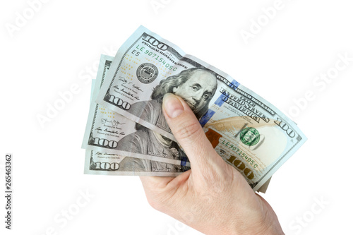 American dollar bills in hand. 100 dollar bills isolated on white background.