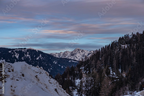 Winter panorama of mountains in Pitztal Hoch Zeiger ski resort in Austria Alps. Ski slopes. Beautiful morning.
