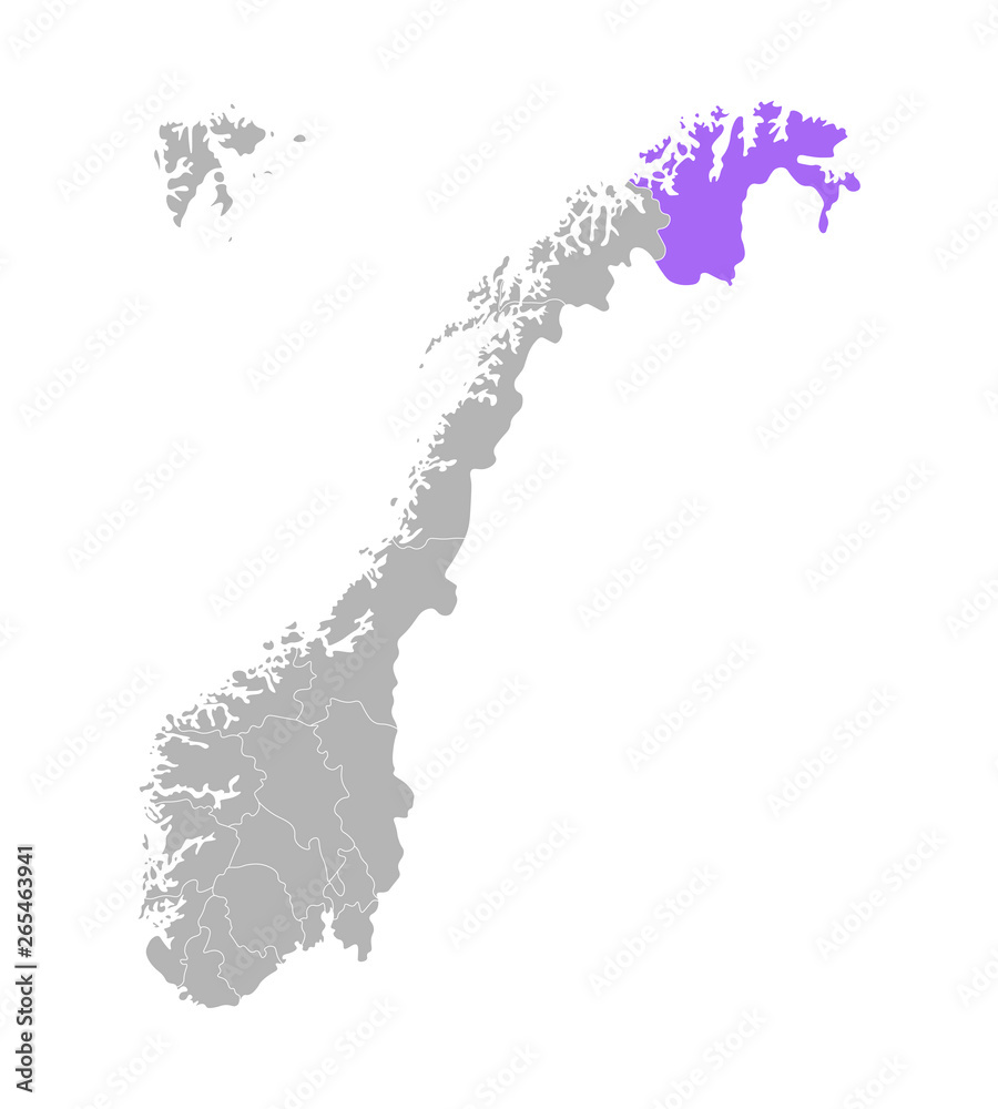 Obraz premium Vector isolated simplified illustration with grey silhouette of Norway, violet contour of Finnmark region