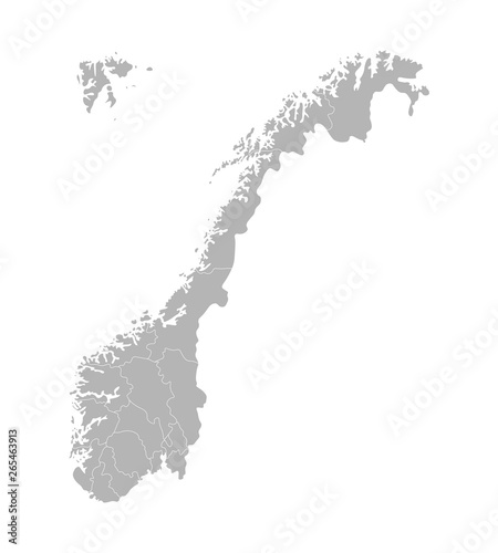 Vector isolated simplified illustration with silhouette of Norway, grey contours of regions.
