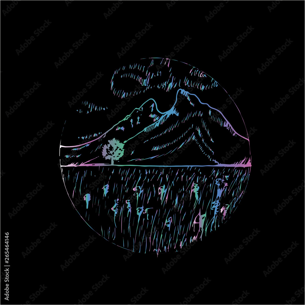 Fototapeta premium Neon illustration with a landscape - meadow, tree, mountains, beautiful sky.