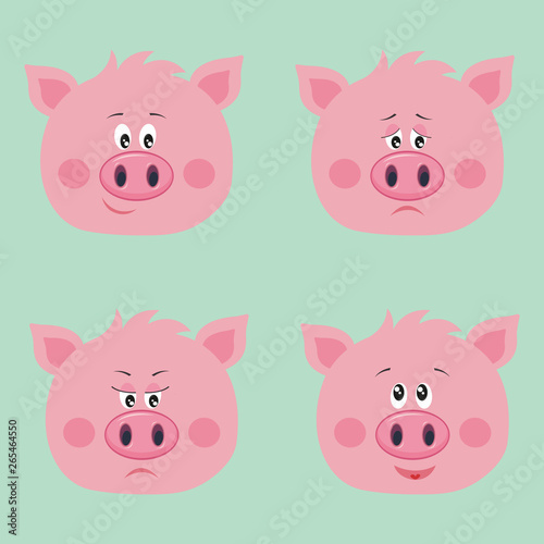 Collection of cute pigs in cartoon style. Vector set isolated emotion pig.
