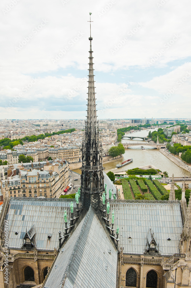 The spire of Notre-Dame Cathedral (Cathedrale Notre-Dame de Paris) from  above. Paris. France Stock Photo | Adobe Stock