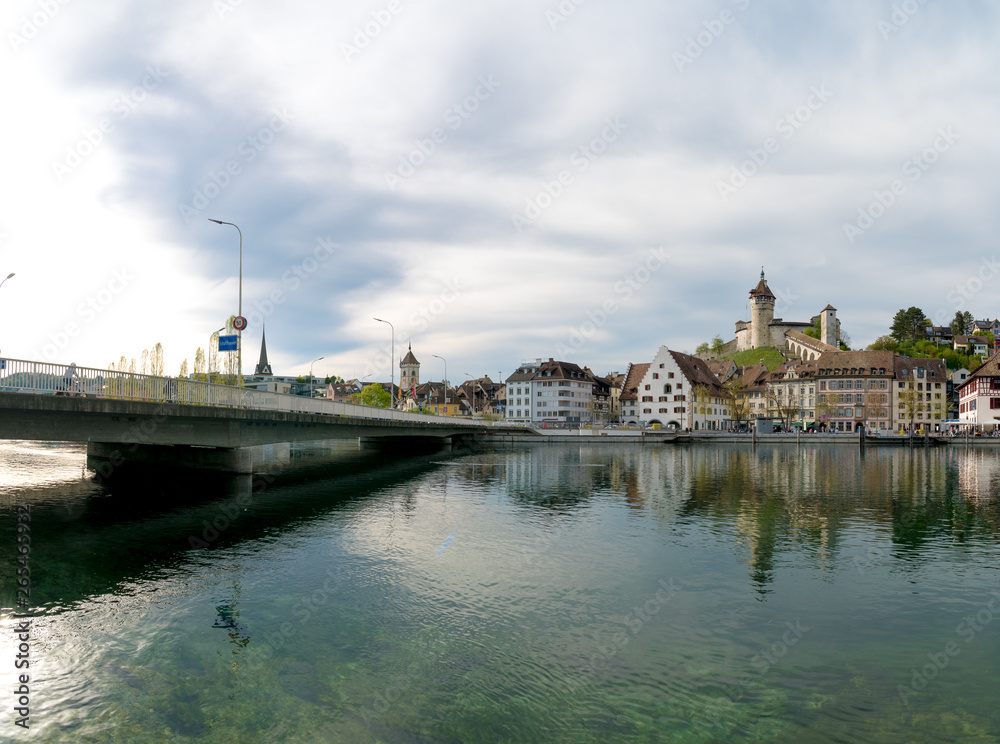 view of the city of Schaffhausen with the bridge across the Rhine and city limits sign