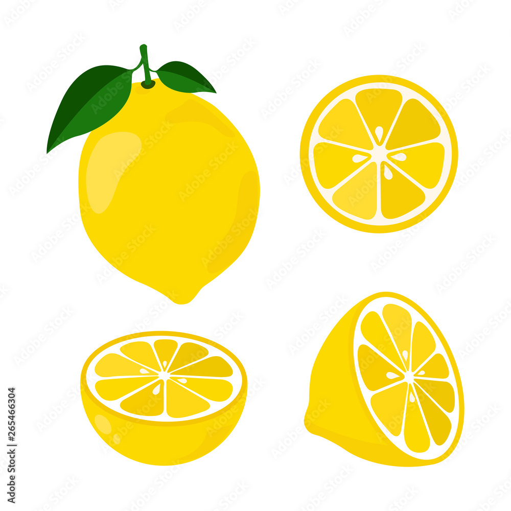 Icon set lemon, vector illustration on white background. the whole fruit and cut into pieces. citrus.