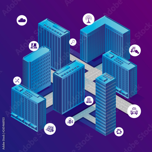 Vector concept illustration -  network of intelligent buildings, with internet of things. Modern bright banner template with place for your text.
