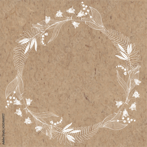 Floral round background with bluebells, lily of the valley, fern and place for text. Vector illustration on a kraft paper. Invitation, greeting card or an element for your design.
