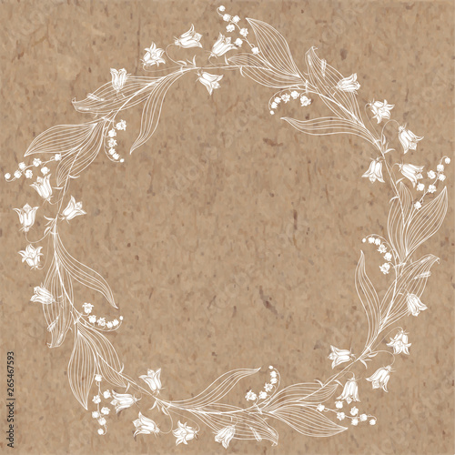 Floral round background with bluebells, lily of the valley and place for text. Vector illustration on a kraft paper. Invitation, greeting card or an element for your design.
