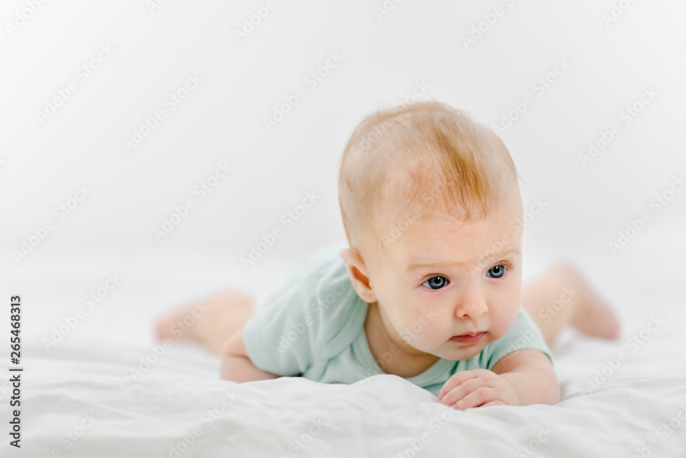 Portrait of cute newborn baby lying on belly at home - obrazy, fototapety, plakaty 